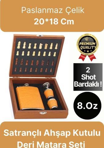 Deluxe Paslanmaz Çelik 8.Oz 2 Shot Bardaklı Satrançlı Ahşap Kutulu Alkol Deri Matara Seti 20*18 Cm