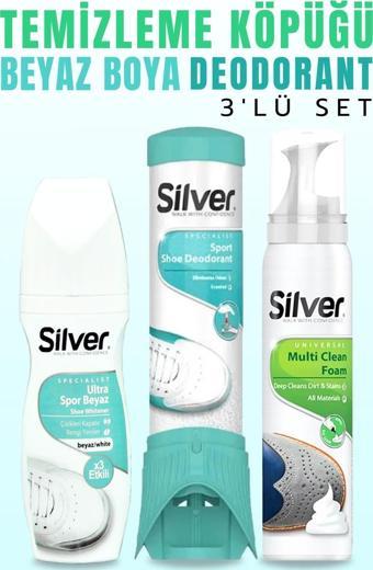 SİLVER Kumaş Deri Spor Beyaz Ayakkabı Boyası + Ayakkabı Deodorantı + Spor Ayakkabı Temizleme Köpüğü 125 ml