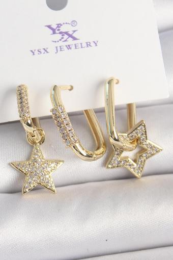 Pirinç Gold Renk Sallantı Zirkon Taşlı Yıldız Model 3'Lü Kadın Kombin Küpe - TJ-BKP10443