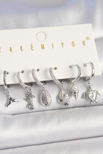 Pirinç Gümüş Renk Zirkon Taşlı Deniz Kabuğu Model Kaplumbağa Detay Kadın Küpe Kombin - TJ-BKP10456