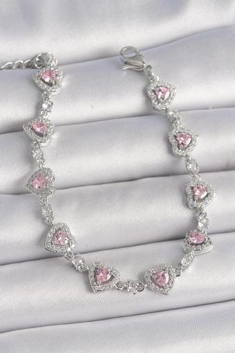 Pirinç Gümüş Renk Zirkon Taşlı Pembe Kalp Model VIP Seri Kadın Bileklik - TJ-BB6914