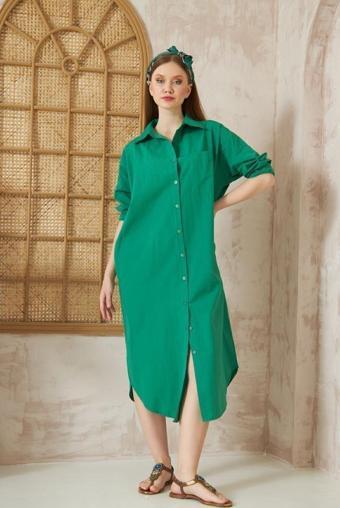 Kadın Uzun Kollu Poplin Cepli Oversize Uzun Günlük Spor Tunik Gömlek Elbise 3555310