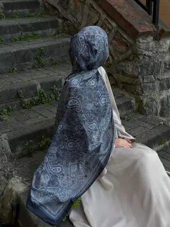 Pamuklu Etnik Desen Şal-Gri/Buz Mavi