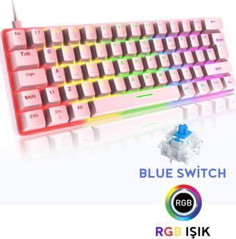Rever Blue Switch Mekanik Mini 62 Tuşlu Rgb Işıklı Gaming Oyuncu Klavyesi Pembe Klavye