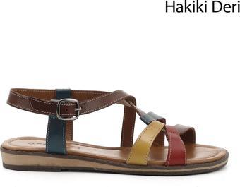 Kadın Kahveye Kırmızı Sarı Hakiki Deri Sandalet