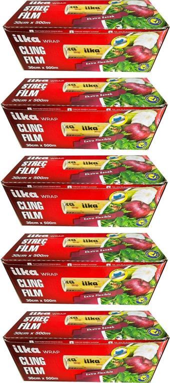 İlka Şeffaf Mutfak Rulo Streç Film Folyo - 30 Cm. x 500 Metre - Gıdaya Uygun - 5 Paket