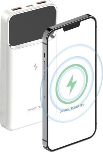 SWORD 10.000mAh Kablosuz Powerbank 22.5W PD&QC Hızlı Şarj Type-C+USB+Wireless Beyaz SW-WQ11