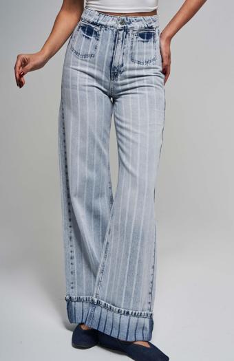 Kadın Çizgili Kot Rengi 4s5-3 Staright Fit Cep Detaylı %100 Koton Özel Kumaş Denim Jean