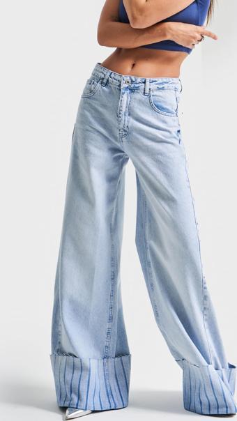 Kadın Kot Rengi 4s5-3 Palazzo Fit Paça Detaylı %100 Koton Orta Bel Tasarım Denim Jean