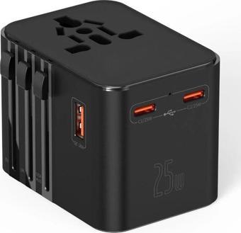 25W Evrensel Seyahat Adaptörü, EU/US/UK/AU Priz Dönüştürücü, 1x USB, 2x Type-C Hızlı Şarj