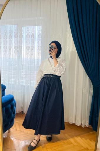 Tesettür Giyim Poplin Cepli Etek / Lacivert