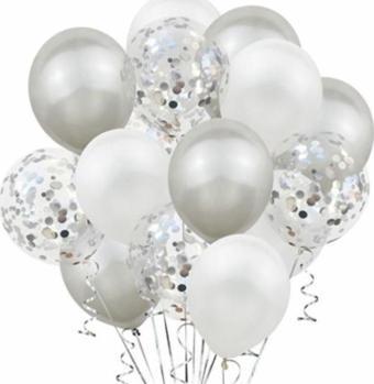 Metalik gümüş beyaz gümüş konfetili şeffaf balon 12 inç 15 adet