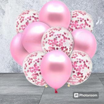 Pembe  Konfetili Şeffaf metalik Pembe  Balon Seti 10 Adet