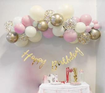 DENİZ KUMU KROM GOLD ŞEFFAF  MACARON PEMBE  HAPPY BIRTHDAY KALİGRAFİ YAZI MİNİ ZİNCİR BALON  SET