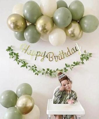 KÜF YEŞİLİ KROM GOLD DENİZ KUMU  BALON GOLD HAPPY BIRTHDAY KALİGRAFİ BANNER MİNİ ZİNCİR SET