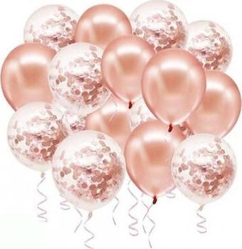 Rose Gold Konfetili Şeffaf Metalik Balon 20 Adet