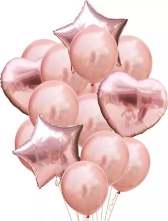 Rose Gold Balon Setti 2 Kalp 2 Yıldız 10 Rose Metalik