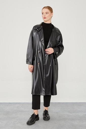 Siyah Oversize Suni Deri Trençkot