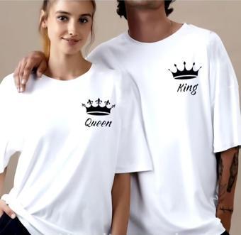 Nevermınd Unisex Kadın Erkek King&Queen Baskılı Sevgili Çift Kombini Tasarım Oversize T-Shirt 2'Li Set