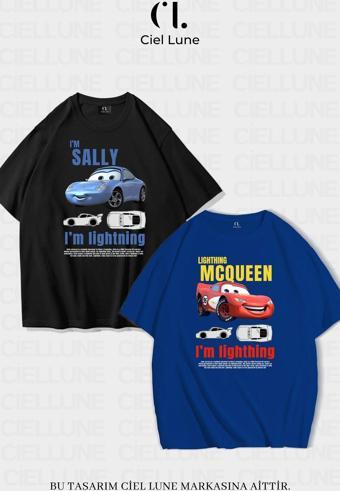 Nevermınd Unisex Kadın Erkek Şimşek Mcqueen Ve Sally Baskılı Sevgili Çift Kombini Tasarım Oversize Tshirt 2'Li