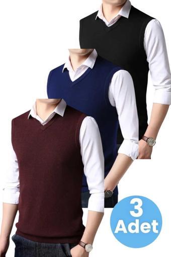 Uniquetrenders 3'Lü  Erkek V Yaka Triko Tüylenmez Süveter Erkek Slim Fit Süveter Bordo - Lacivert - Siyah XL