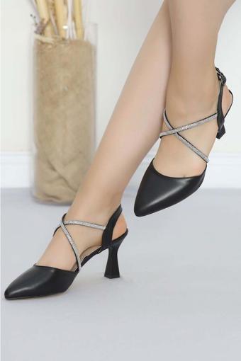 Kadın Topuklu Ayakkabı Siyah Stiletto Taşlı Konforlu Günlük Ve Özel Günler için