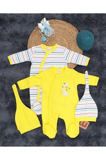 Miracool 2'Li Bebek Tulum Seti / Zürafa Desenli / 2 Adet Şapka Hediyeli / %100 Pamuklu Kumaş