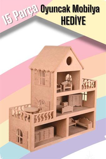 Buradadavar Hobi Ahşap Çocuklar Için Eğitici Eğlenceli Barbie Bebek Evi Oyuncak (15 Adet Mobilyalı)