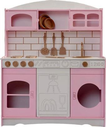 Buradadavar Hobi Ahşap Boyalı Pembe Ahşap Oyuncak Bulaşık Makine Detaylı Mutfak (Tabak Ve Spatula Seti Hediye)