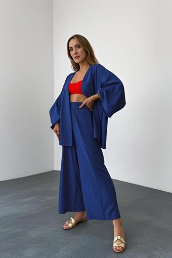 Keten Kadın Salaş Kimono İkili Lacivert Takım