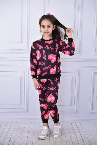 Nbgiyim Kışlık Kalp Baskılı Barbie Şardonlu Lacivert Alt Üst Eşofman Takım Çocuk Giyim