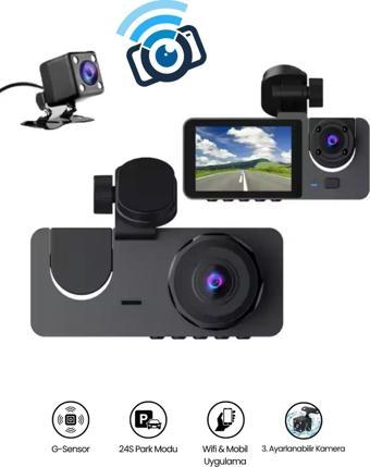 Araç İçi Wi-fi Kamera HD 3 Kameralı 7/24 Kayıt G-sensör Mobil Uygulama İle Canlı Takip Black Box