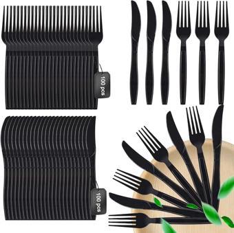 Plastik Siyah Çatal Bıçak Seti Takımı- 50 Ad. Çatal + 50 Adet Bıçak - 18 Cm.