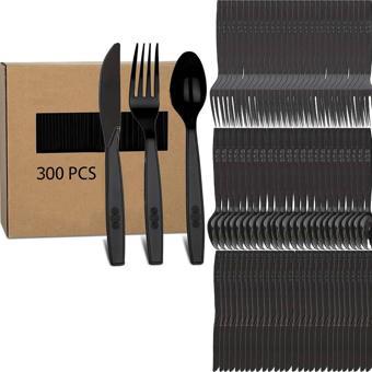 Plastik Siyah Çatal Kaşık Bıçak Seti Takımı- 100 Ad. Çatal + 100 Ad. Bıçak + 100 Ad. Kaşık - 18 Cm.