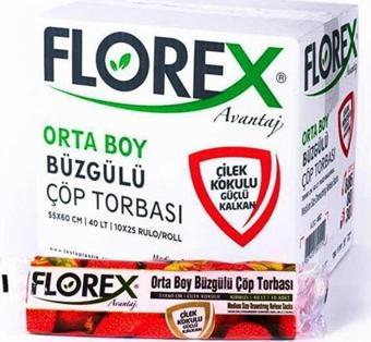 Florex 40 Litre Büzgülü Çilek Kokulu Çöp Torbası Poşeti / 55 x 60 Cm. - 10x25 Rulo / Koli