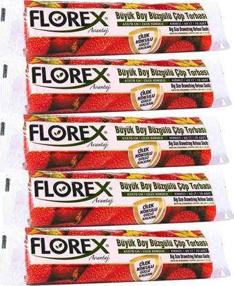 Florex 60 Litre Büzgülü Çilek Kokulu Çöp Torbası Poşeti / 65 x 70 Cm. - 10x5 Rulo / Paket