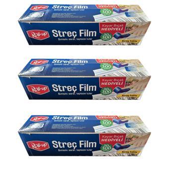 Roll-Up Şeffaf Mutfak Rulo Streç Film Folyo - 30 Cm. x 300 Metre - Gıdaya Uygun - 3 Paket