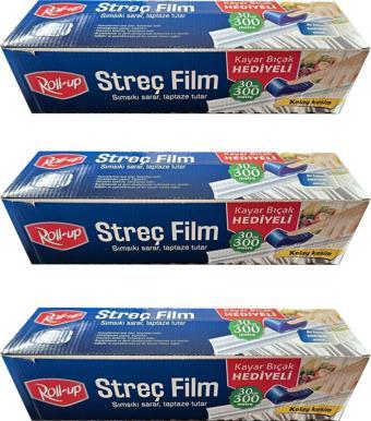 Roll-Up Şeffaf Mutfak Rulo Streç Film Folyo - 30 Cm. x 300 Metre - Gıdaya Uygun - 3 Paket