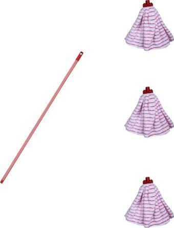 Yedek Islak Temizlik Kovası Mop Takımı Seti - 3x Tesa Havlu Mop + Metal Çizgili Vidalı Sap - 1 Adet