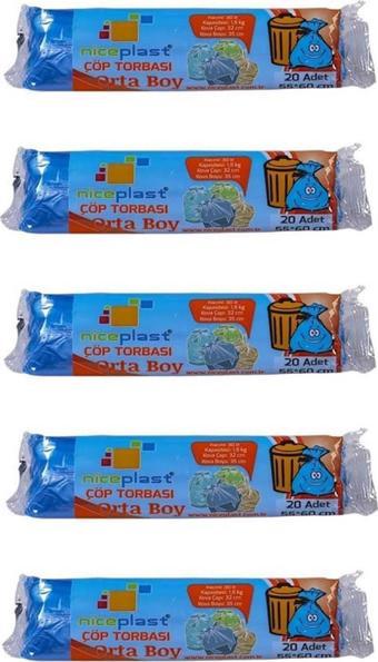 Niceplast Mavi Orta Boy 55x60 Cm. 30 Litre Çöp Torbası Poşeti - 20 Adetlik 5 Rulo