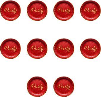 Roll-Up Parti Doğum Günü Işıltılı Kırmızı Party Yazılı Karton Tabak - 22 Cm. - 8 Adetlik 10 Paket