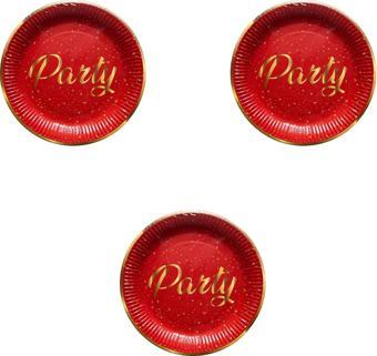 Roll-Up Parti Doğum Günü Işıltılı Kırmızı Party Yazılı Karton Tabak - 22 Cm. - 8 Adetlik 3 Paket