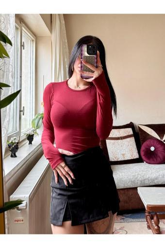 Black Premium Kadın Bordo Bisiklet Yaka Parmak Geçmeli Body Premium Kumaş Kalitesi