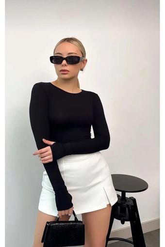 Black Premium Kadın Siyah Bisiklet Yaka Parmak Geçmeli Body Premium Kumaş Kalitesi