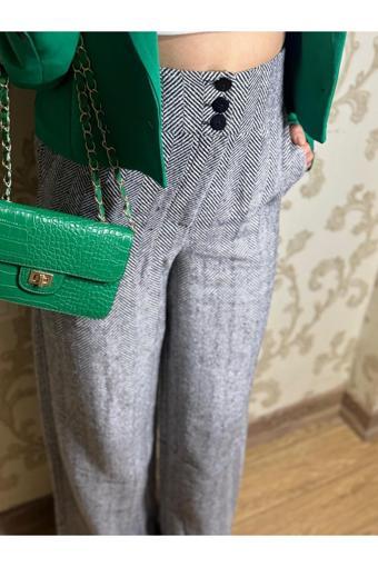 Black Premium Kaz Ayağı Desenli Oversize Palazzo Kaşe Pantolon