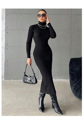 Black Premium Balıkçı Yaka Midi Boy Fitilli Pamuklu Kalem Elbise
