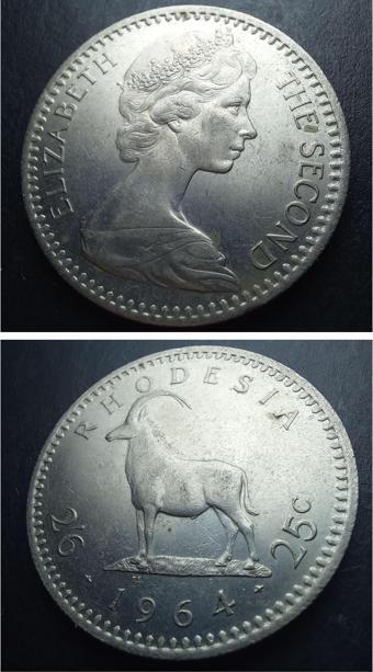 Escoines Koleksiyon 3996368023ebfe684d 1964 Rodezya 2½ Şilin ÇİL (AZ ÇIKAR) Eski Yabancı Madeni Para