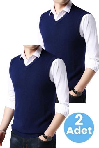 Uniquetrenders 2'Li  Erkek V Yaka Triko Tüylenmez Süveter Erkek Slim Fit Süveter Lacivert - Lacivert M