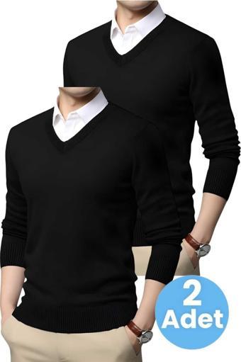 Uniquetrenders 2'Li  Erkek V Yaka Uzun Kol Triko Tüylenmez Süveter Erkek Slim Fit Süveter Siyah - Siyah L