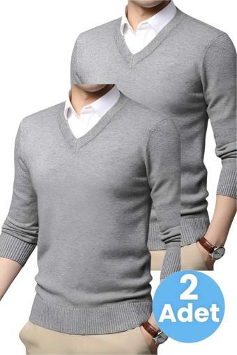 Uniquetrenders 2'Li  Erkek V Yaka Uzun Kol Triko Tüylenmez Süveter Erkek Slim Fit Süveter Gri - Gri M